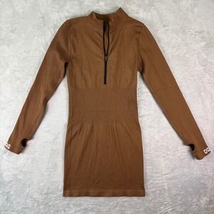 OQQ Women's Ribbed Brown Seamless Long Sleeve Mini Dress Size M Zip Front